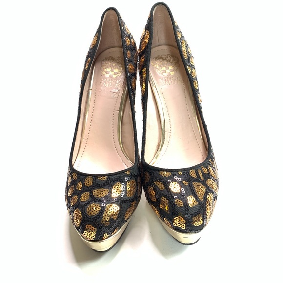 Vince Camuto Heels Gold Black Sequin Semi Platform - Picture 2 of 7